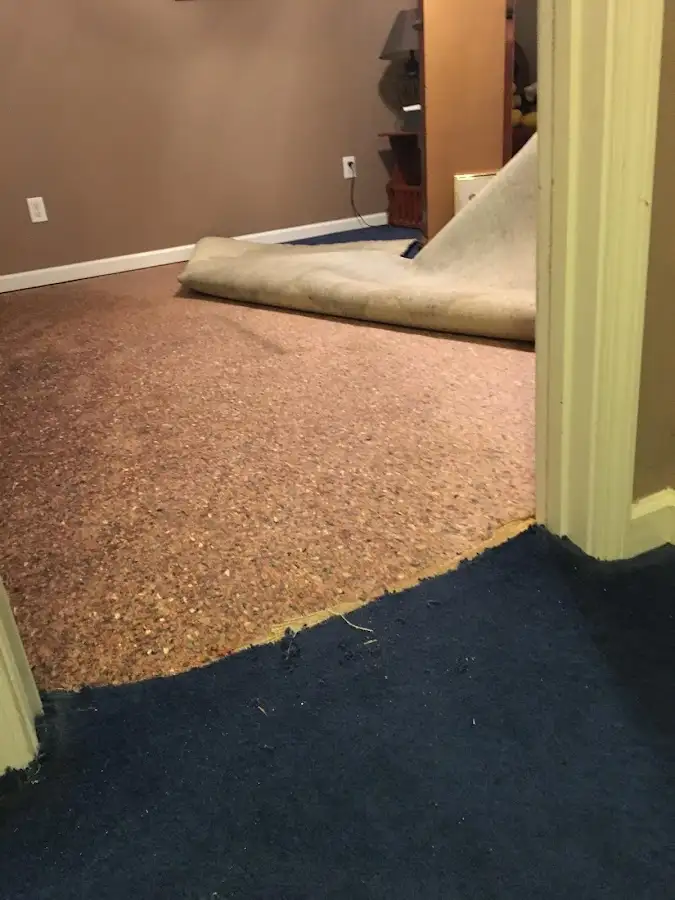 Carpet pad removal revealing water damage during Water Mitigation Services in Fountain Inn